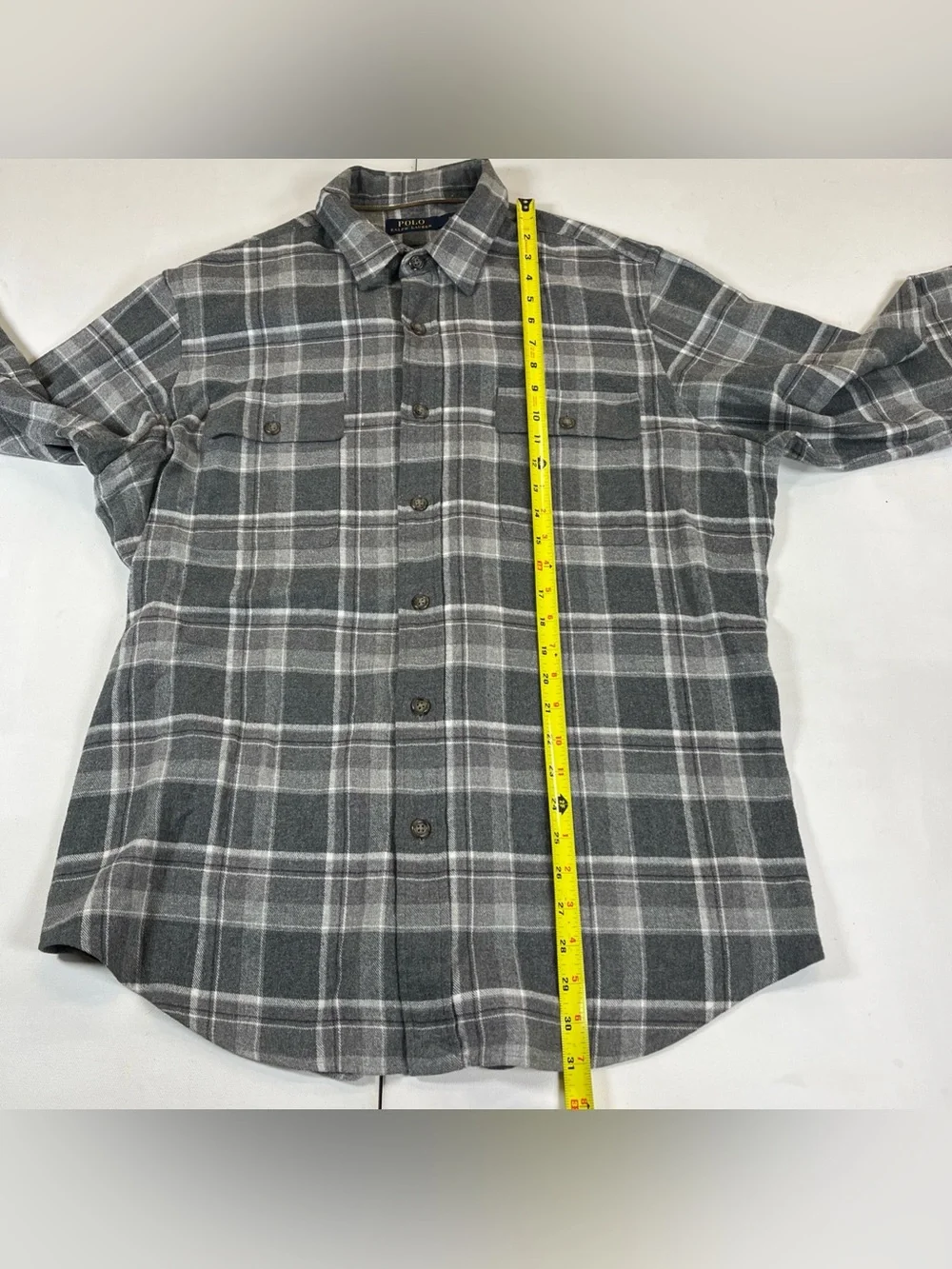 Polo Ralph Lauren Flannel Shirt Gray Plaid Elbow Patch Button Up Soft Men’s XL